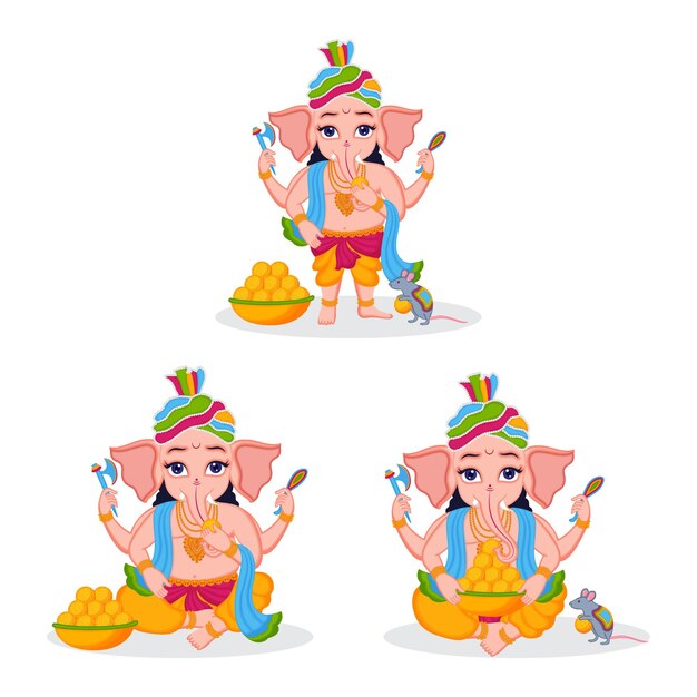 Vector illustration of lord ganesha set for indian festival of ganesha chaturthi premium vector