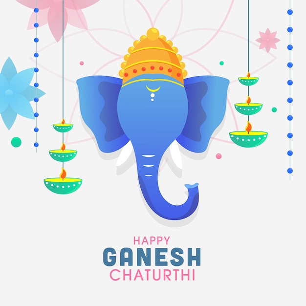 Illustration of lord ganpati face with hanging oil lamps (diya) and flowers