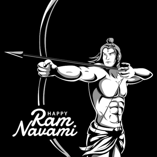 Illustration of lord rama with bow arrow in shree ram navami celebration