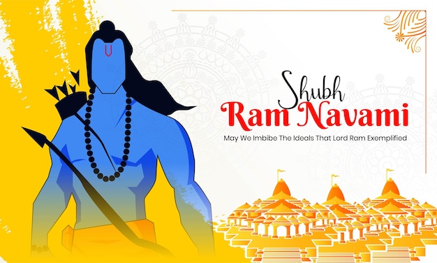 Vector illustration of lord rama with bow arrow with background of ram mandir