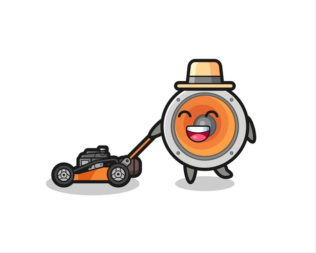 Illustration of the loudspeaker character using lawn mower