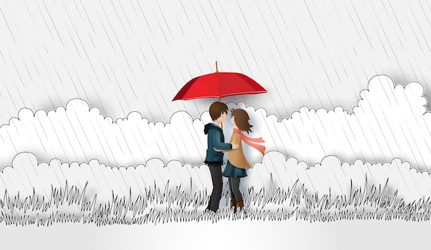 Illustration of love and rainy day ,lovers are hugging  in the meadow with rain. paper art and hand drawing style.