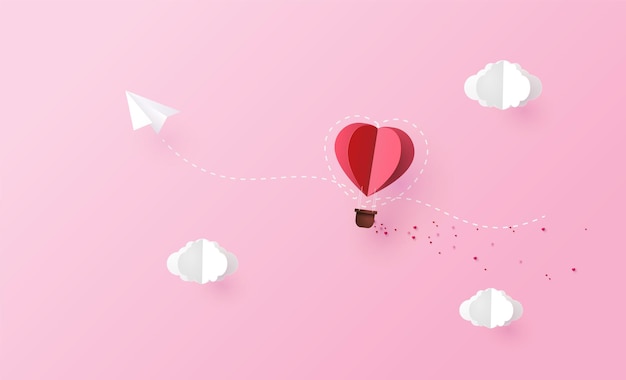 Illustration of love and valentine day,origami made hot air balloon flying on the sky.paper art collage style.