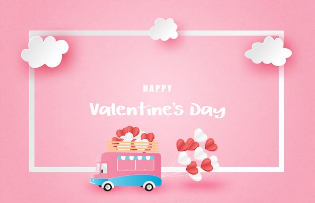 Vector illustration of love valentine's day advertisement poster with van and frame in paper cut style.