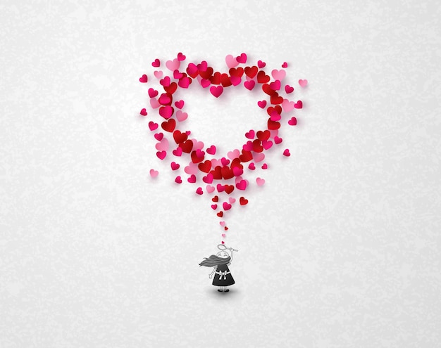 Иллюстрация любви и Дня святого Валентина, с девушкой, пускающей пузыри в форме сердца, вырезкой из бумаги и рисованием.