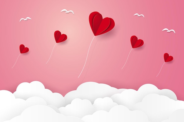 Иллюстрация любви с красными сложенными воздушными шарами в форме сердца, летающими в небе в стиле бумажного искусства