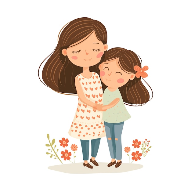 Иллюстрация прекрасной матери и дочери, обнимающихся