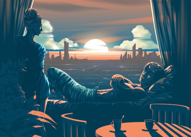 Illustration of the lover inside the room with a beautiful sunset in the evening and the silhouette of the city in the background