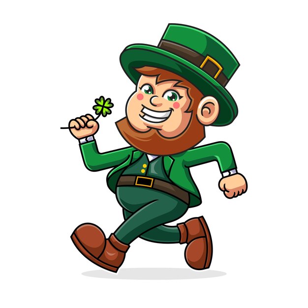 Vettore illustrazione di un fortunato leprechaun che cammina e tiene le foglie di trifoglio