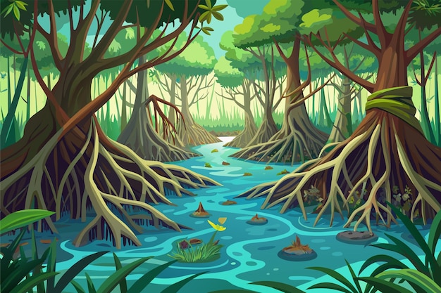 Vettore illustrazione di una lussureggiante foresta di mangrovie con alberi alti con radici esposte lungo un sereno corso d'acqua, fogliame verde vibrante e fiori di giglio galleggianti