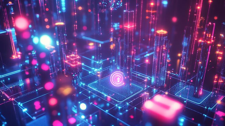 Vector 3d 렌더링으로 묘사 된 현대 컴퓨터 기술 개념의 구성 요소로서 인공 지능 깊은 데이터 채굴과 기계 학습을 특징으로하는 기계 학습 프로세스의 일러스트레이션