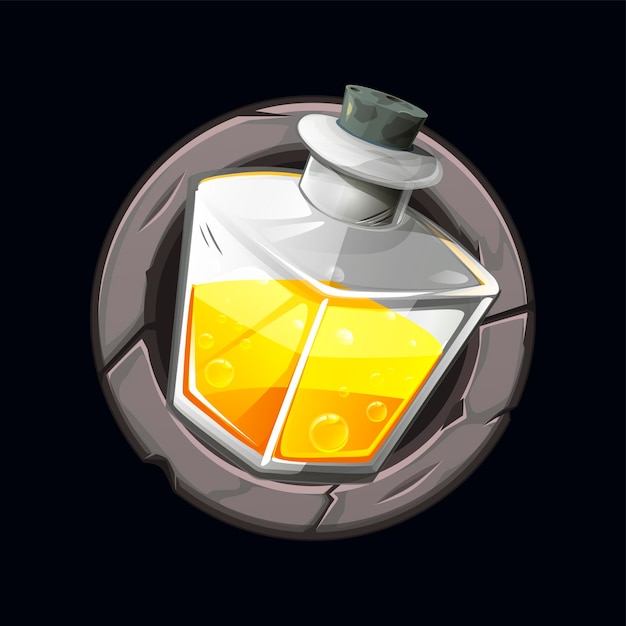 Illustration of a magic potion icon in a stone frame.