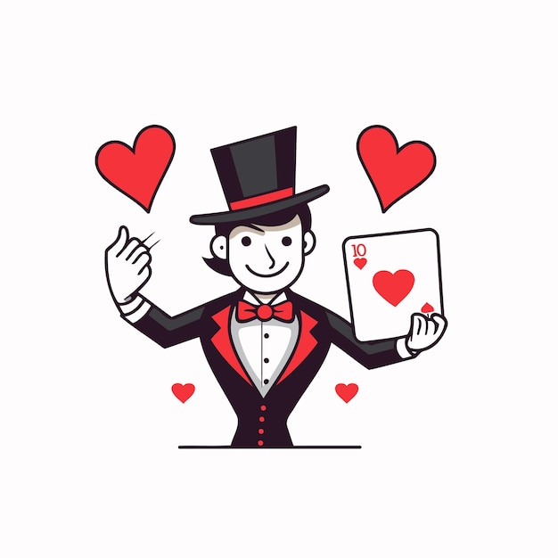 Illustration of a magician holding a card with hearts on a white background
