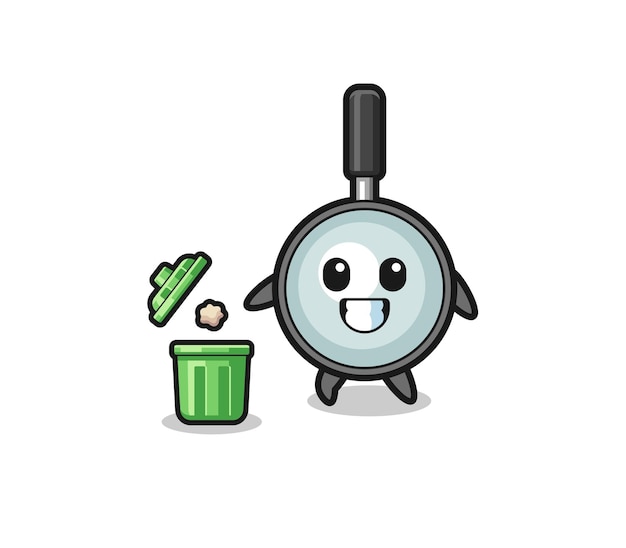 Illustration of the magnifying glass throwing garbage in the trash can cute design