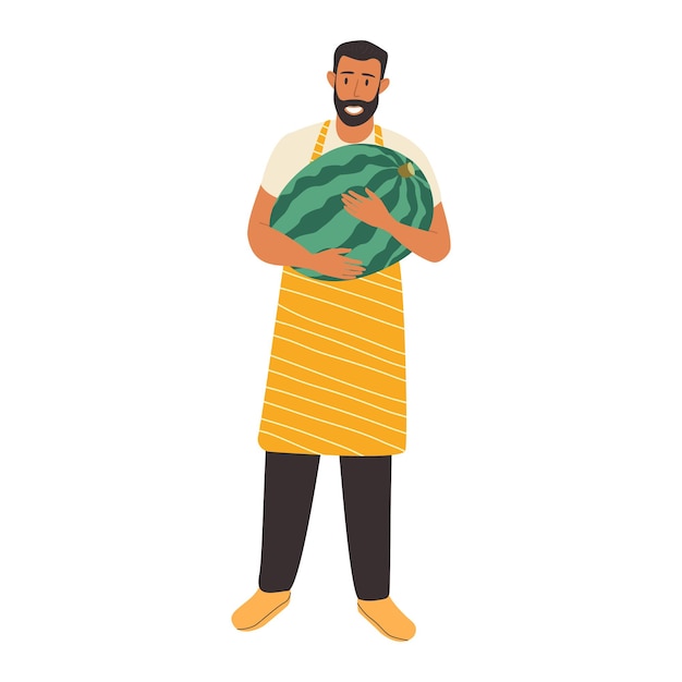 An illustration of a male farmer holding a large watermelon in his hand. Happy agricultural worker.