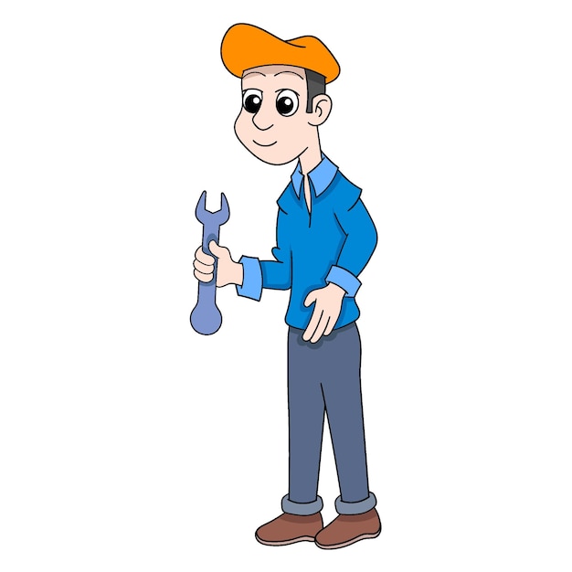 Vector illustration of a male repair shop worker holding a wrench tool ready to repair your vehicle