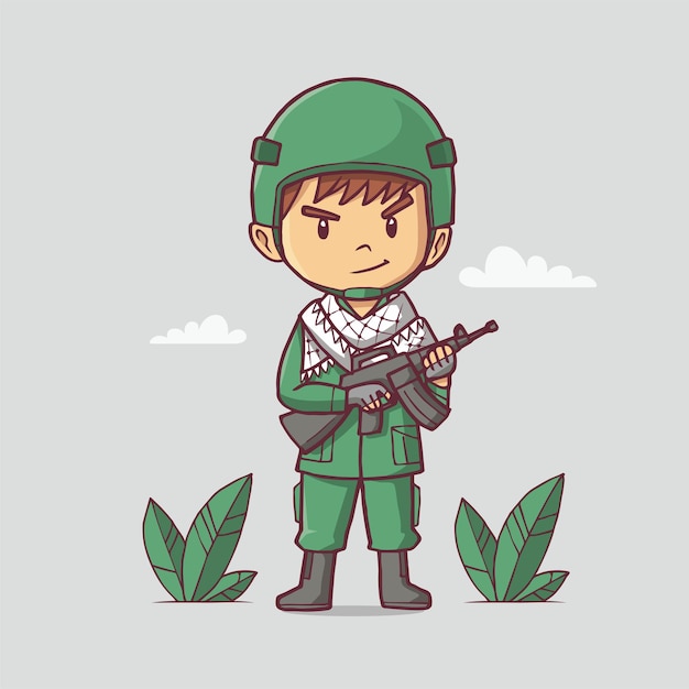 Vector illustration of a male soldier stands with a gun.