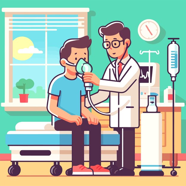 Illustration of a man being given oxygen due to shortness of breath by a doctor in a hospital