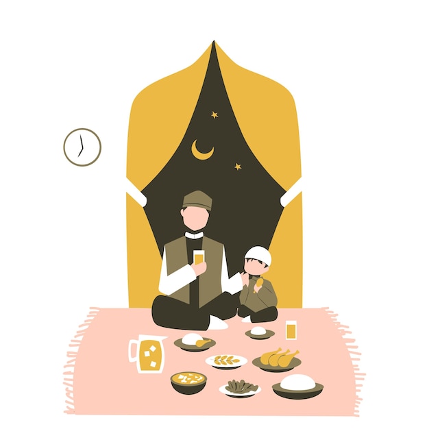 An illustration of a man and a boy having a meal in front of a tent.