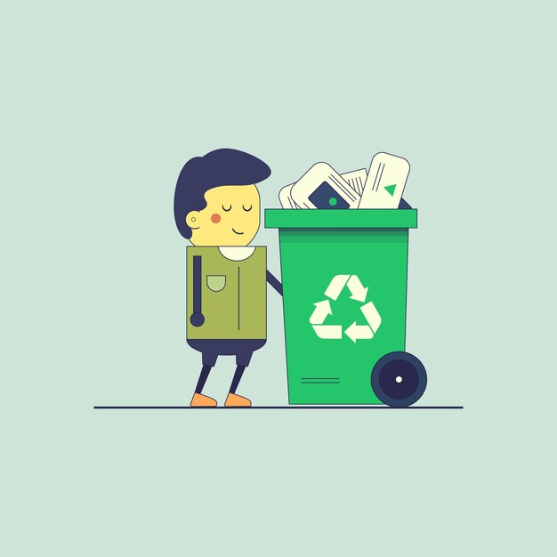 Vector illustration of a man character with a recycle bin, minimalist flat design