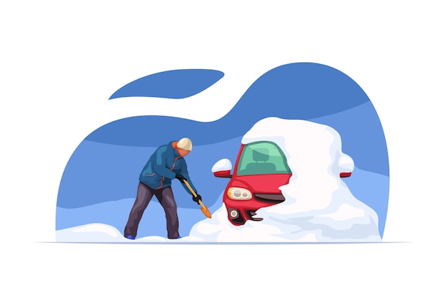 Vettore illustrazione dell'uomo che pulisce la neve dalla sua auto usando lo stile semplice della pala
