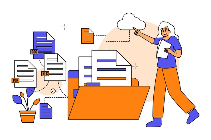 Vector illustration of a man doing file management with cloud storage