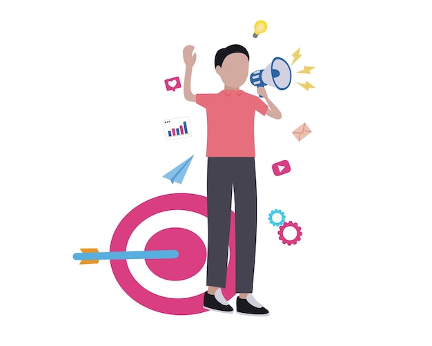 illustration of a man doing marketing using a megaphone. man achieves digital marketing target