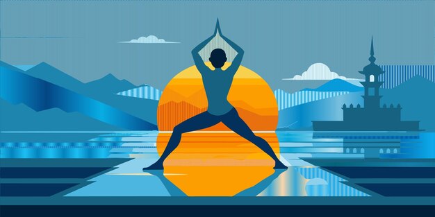 Vector an illustration of a man doing yoga on a beach with mountains in the background