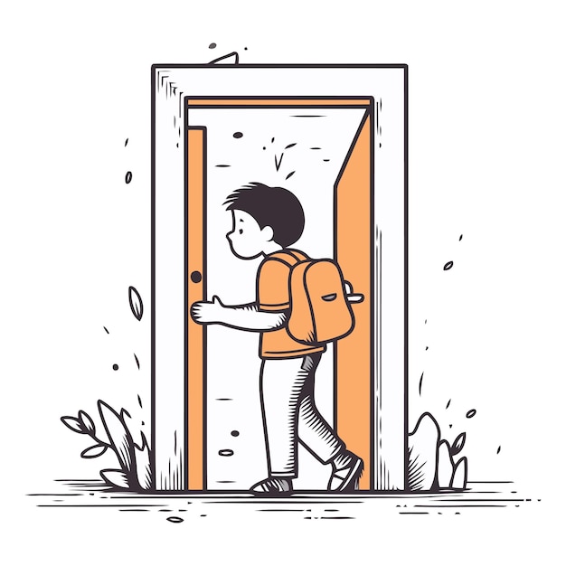 Vector illustration of a man entering the door in doodle style