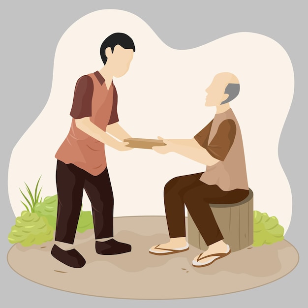 Illustration of man giving donation to an old man