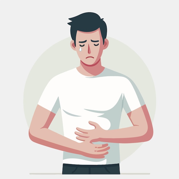 평평한 디자인 스타일로 위통을 가진 남자의 일러스트레이션