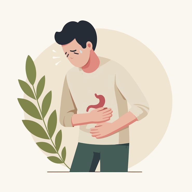 Vector illustration of a man having a stomach ache in a flat design style