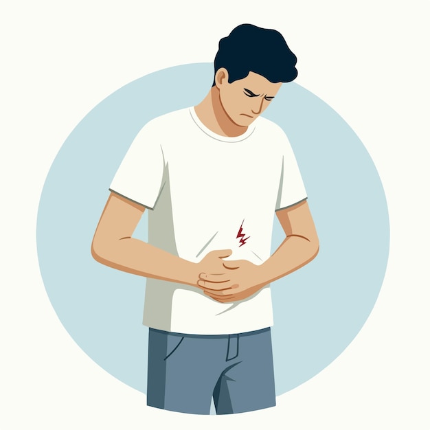 평평한 디자인 스타일로 위통을 가진 남자의 일러스트레이션