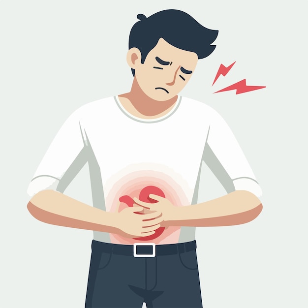 평평한 디자인 스타일로 위통을 가진 남자의 일러스트레이션