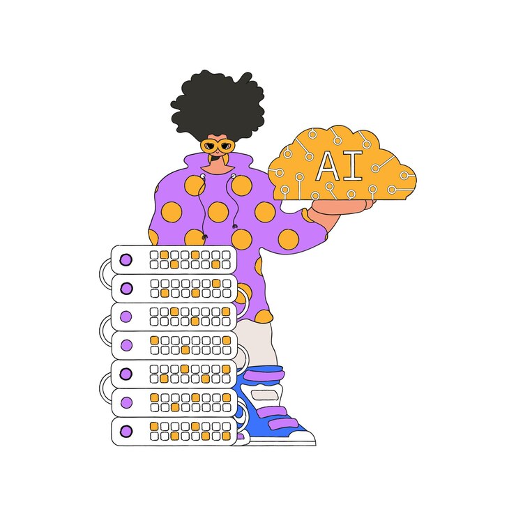 Vector illustration of a man holding a robotic ai brain.
