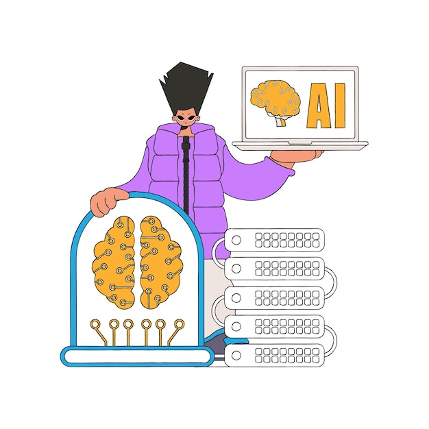 Vettore illustrazione di un uomo che tiene in mano un server con funzionalità di intelligenza artificiale.