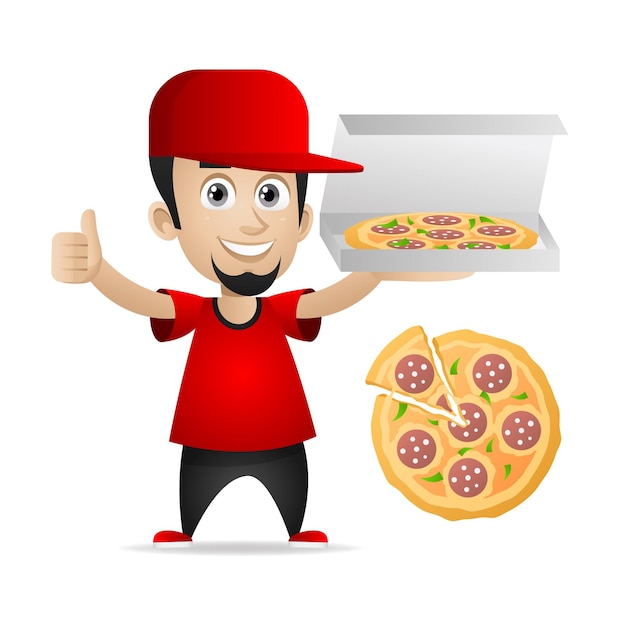 Vector illustration, man holds pizza and showing thumbs up, format eps 10