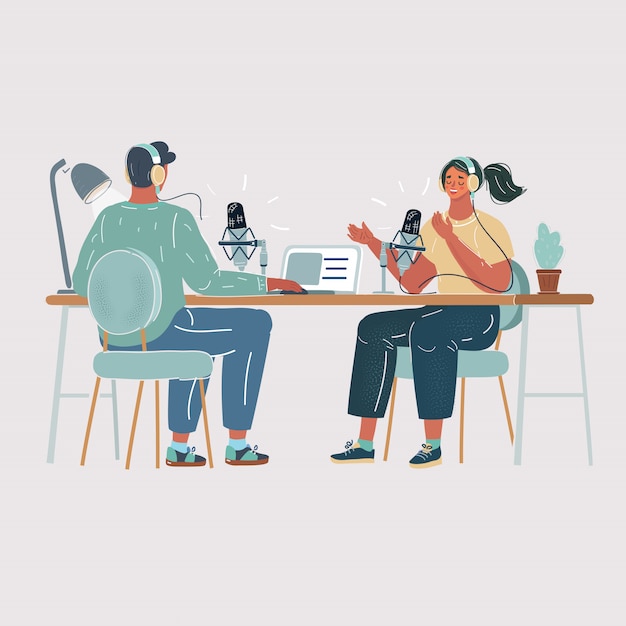  illustration of man interviewing a woman in a radio studio. Making podcast process. Air, live blog concept on white background.