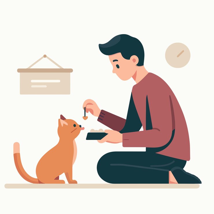 男が猫にを与えているイラスト