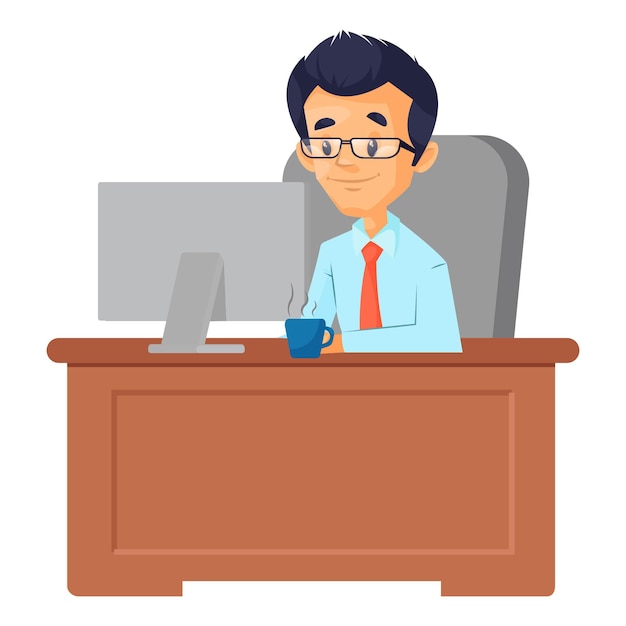 Illustration of man is sitting in the office and working on a computer