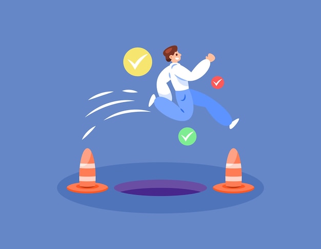 illustration of a man jumping over a hole or the concept of getting through and overcoming problems