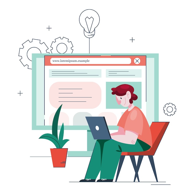 Vector  illustration of man making a website. process of creating website, coding, programming, constructing interface and creating content. man holding a computer create a website.