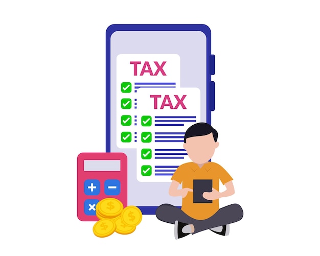 иллюстрация человека, платящего налоги онлайн с помощью значка онлайн-оплаты налогов смартфона