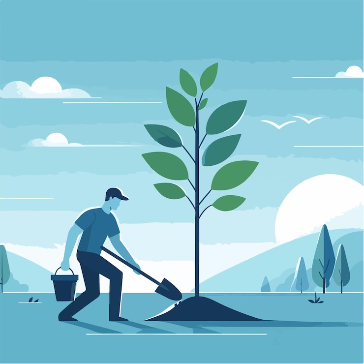 Vector illustration of a man planting a tree in a simple flat design style
