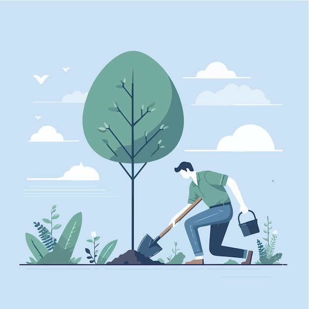 Vettore illustrazione di un uomo che pianta un albero in uno stile semplice e piatto