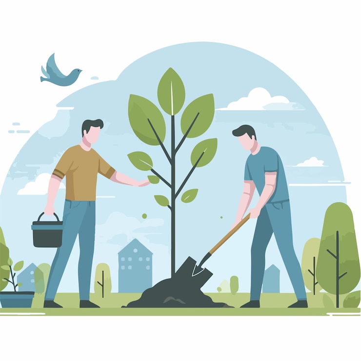 Vector illustration of a man planting a tree in a simple flat design style