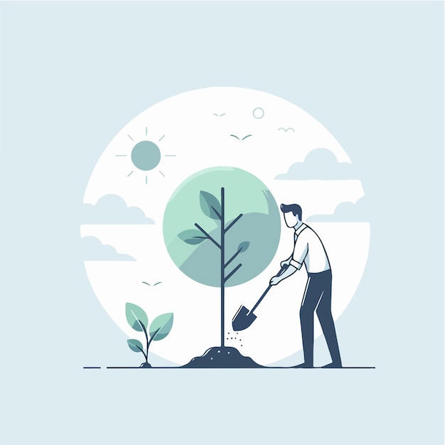 Illustration of a man planting a tree in a simple flat design style