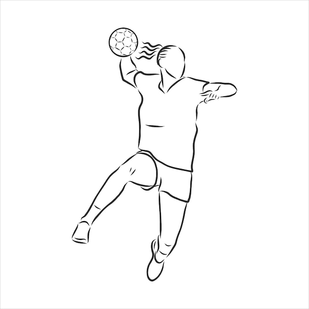 Иллюстрация человека, играющего в гандбол. черно-белый рисунок, белый фон