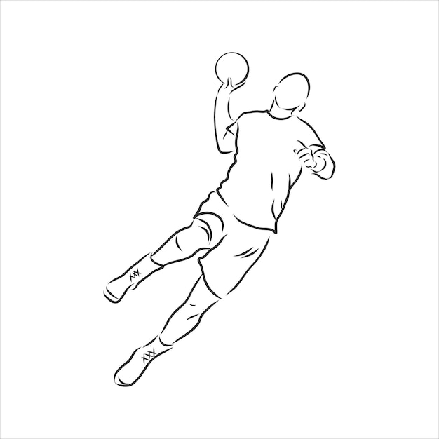 Illustration of man playing handball . black and white drawing, white background