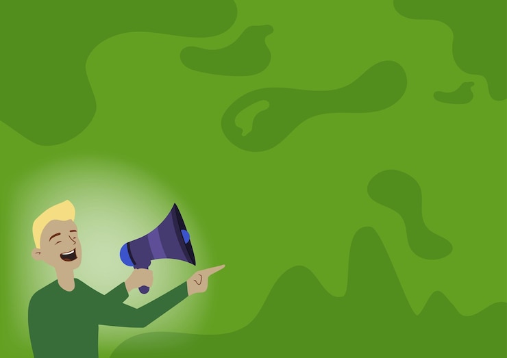 Vector illustration of a man pointing away holding megaphone making new announcement. gentleman drawing spotting to other side using bullhorn presenting loudly recent advertisement.